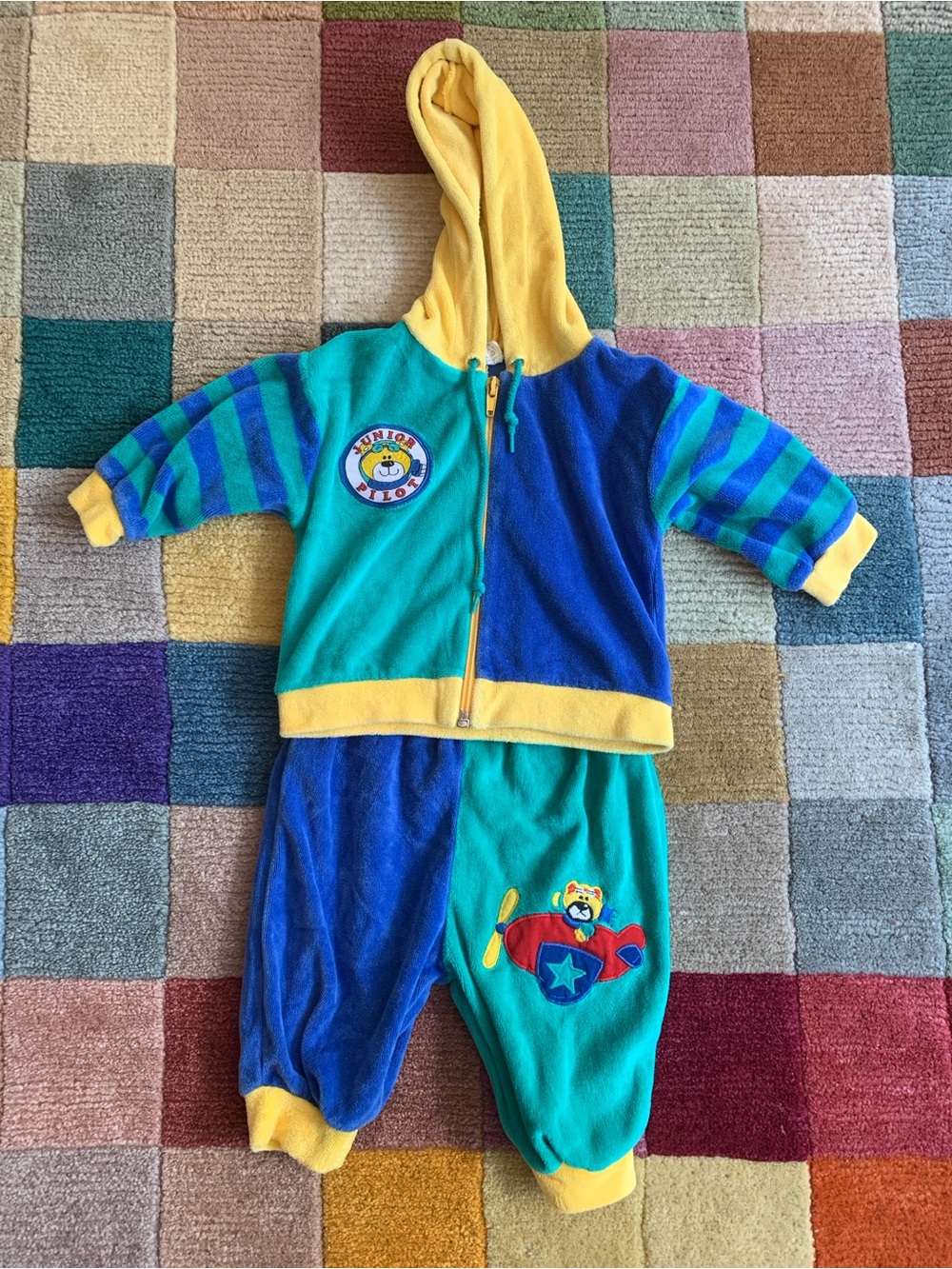 3-6M Vintage Airplane Pilot Bear Velour Colorblock Set